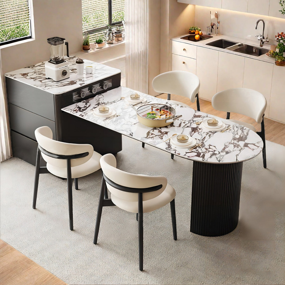 Orren Ellis Modern Sintered stone Kitchen Island Set with Extendable Table | Wayfair